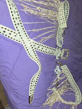 Studded Fringe Belt with Rhinestone Accents - Light Blue With Leg Harness Straps